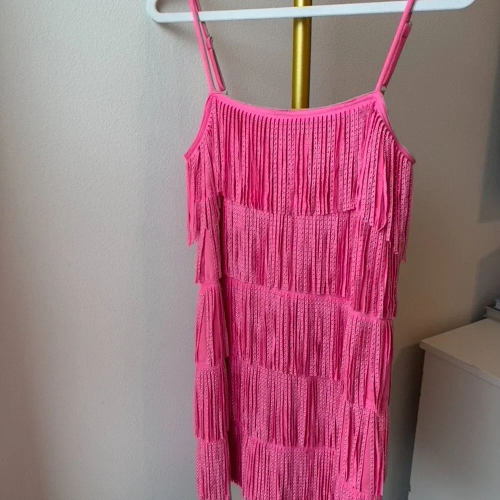TCEC Hot Pink Fringe Rhinestone Mini Dress Size M - Picture 2 of 4